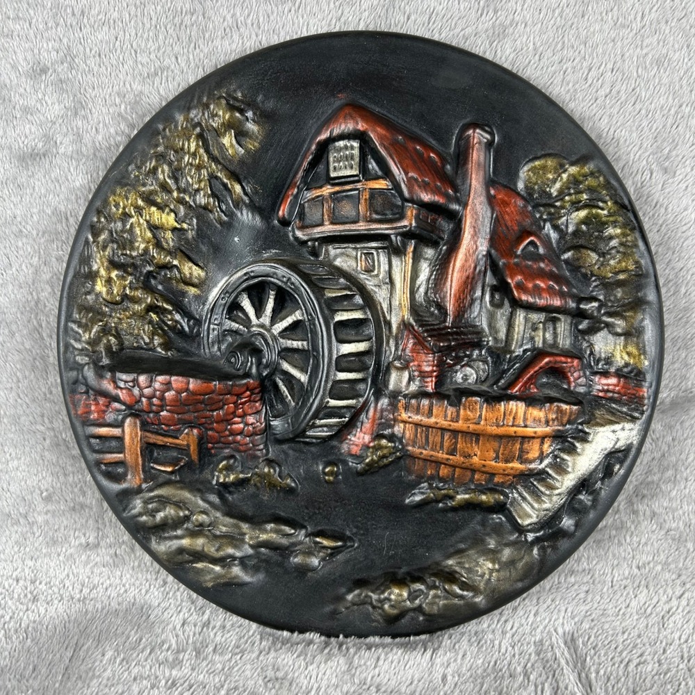 Vintage 1971 Anna Relief Water Mill Wall Plate Hand Painted Ceramic Folk Art 10"
